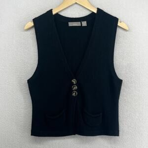VKOO Sweater Vest L 100% Cashmere V-Neck Button Front Tank Top Black